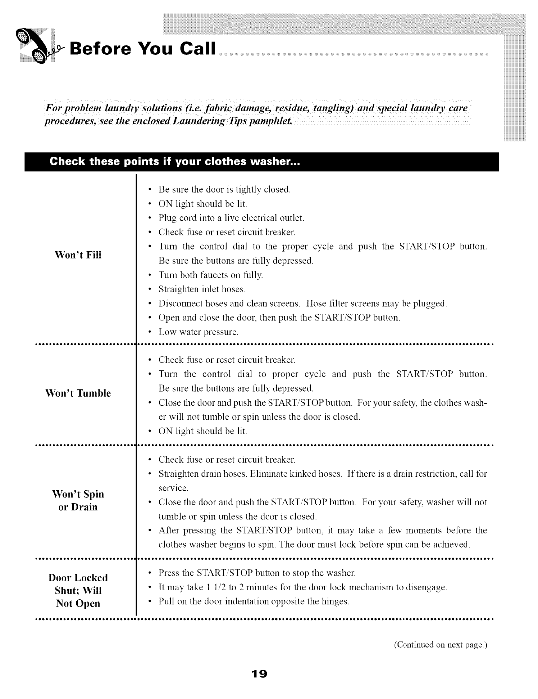 Maytag SL-3 warranty Before You Call, Wont Tumble 