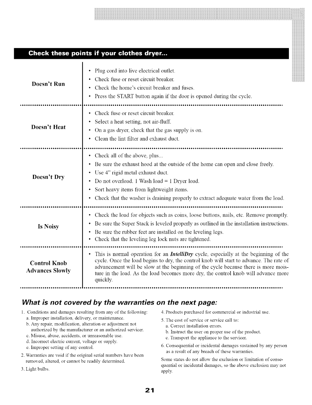 Maytag SL-3 warranty What is not covered by the warranties 