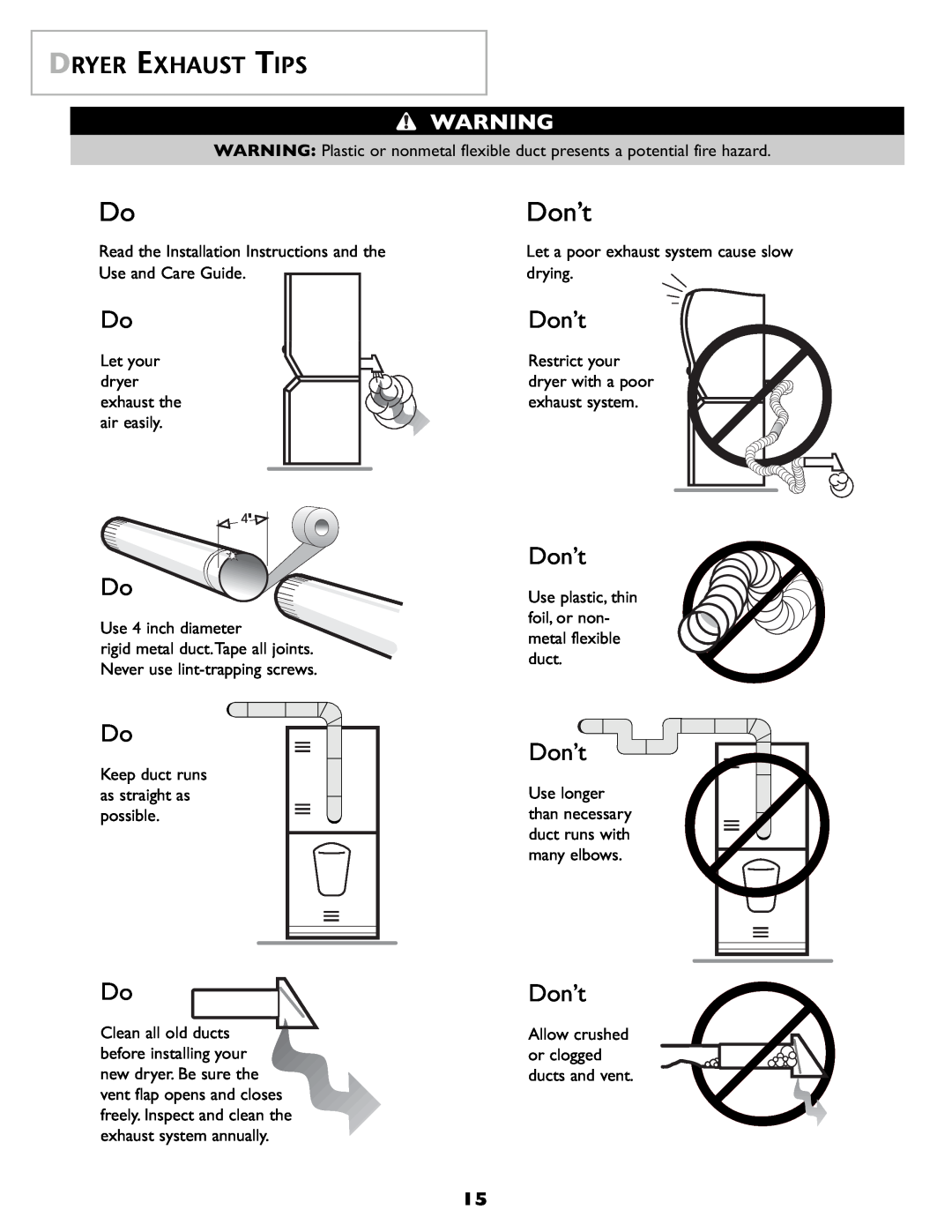 Maytag SL-3 important safety instructions Don’t, Dryer Exhaust Tips 