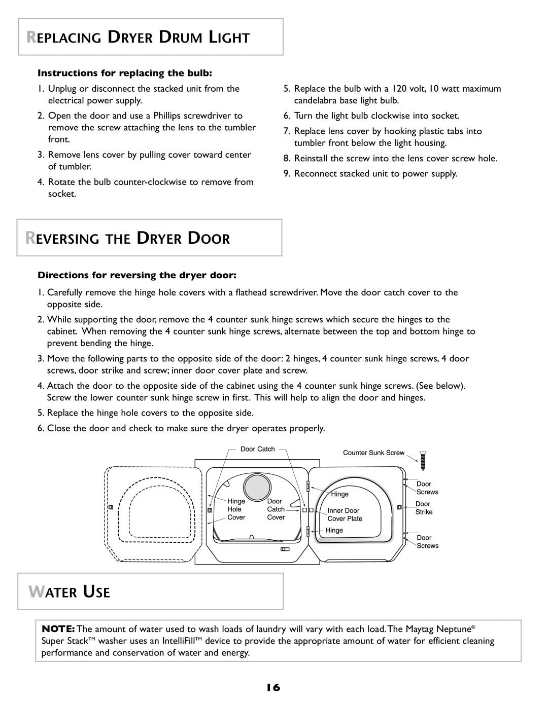 Maytag SL-3 Replacing Dryer Drum Light, Reversing The Dryer Door, Water Use, Directions for reversing the dryer door 