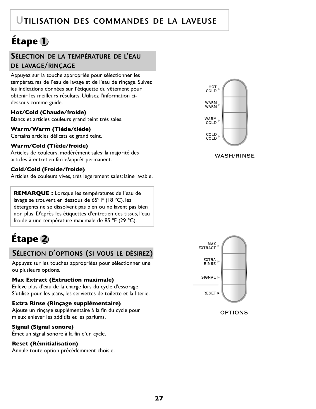 Maytag SL-3 Étape, Utilisation Des Commandes De La Laveuse, Sélection De La Température De L’Eau De Lavage/Rinçage 