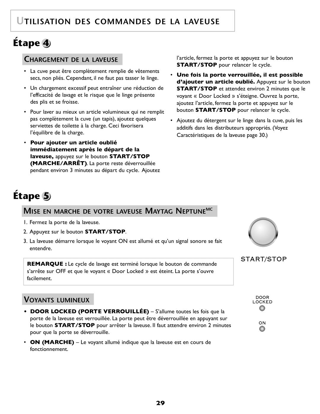 Maytag SL-3 Chargement De La Laveuse, Voyants Lumineux, Étape, Utilisation Des Commandes De La Laveuse 