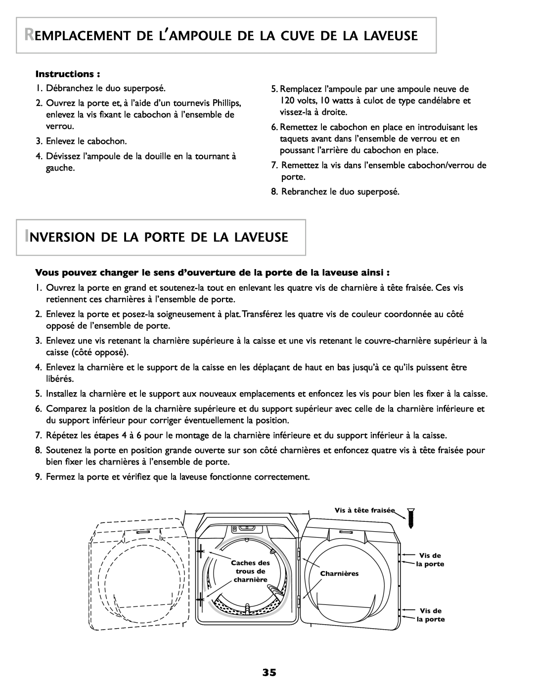 Maytag SL-3 Remplacement De L’Ampoule De La Cuve De La Laveuse, Inversion De La Porte De La Laveuse, Instructions 