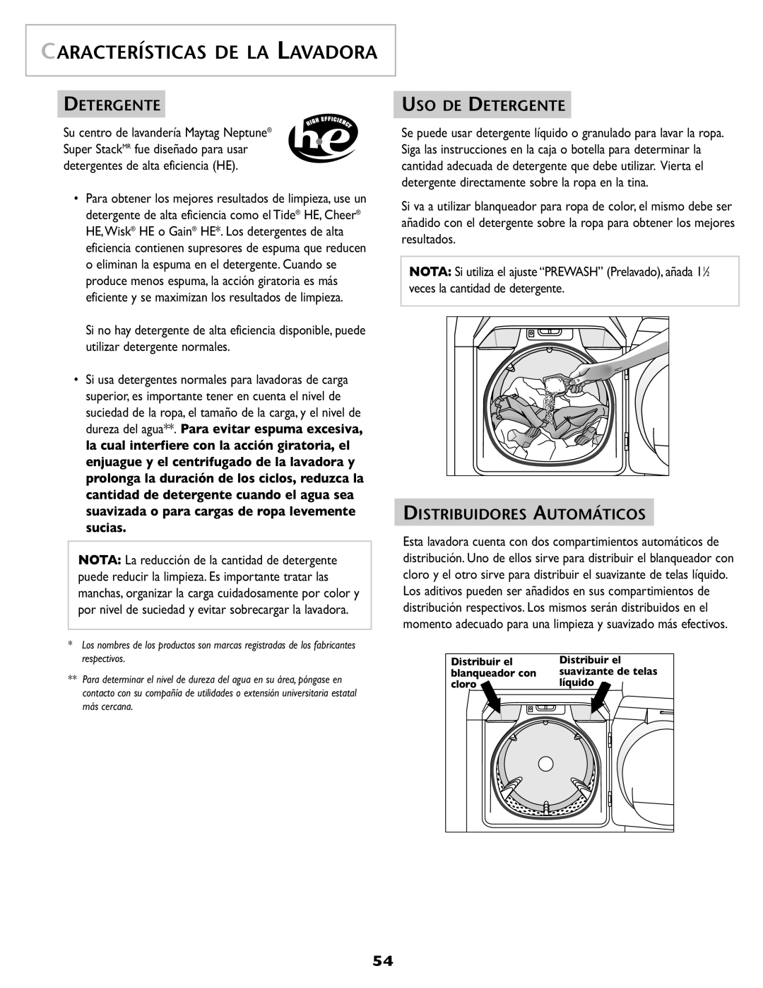 Maytag SL-3 important safety instructions Características De La Lavadora, Uso De Detergente, Distribuidores Automáticos 