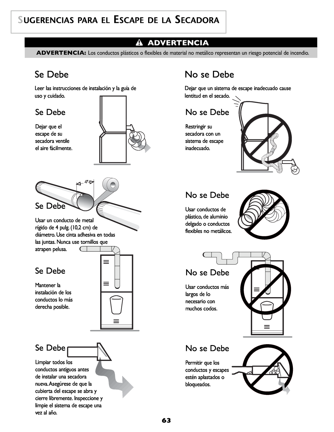 Maytag SL-3 important safety instructions Se Debe, No se Debe, Sugerencias Para El Escape De La Secadora, Advertencia 