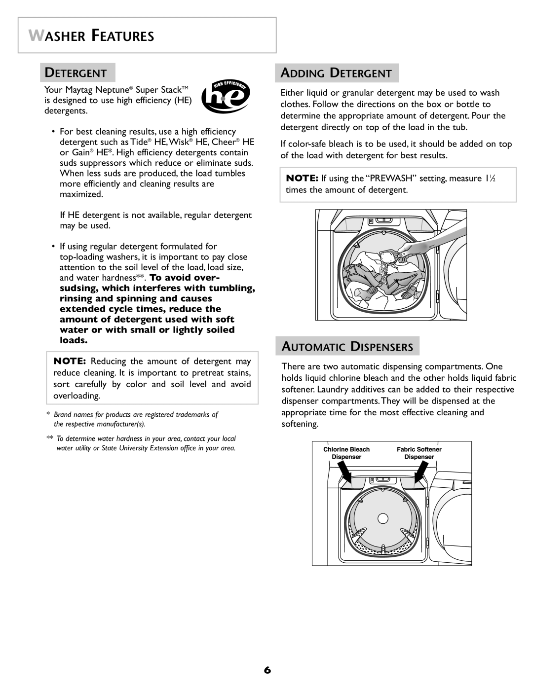Maytag SL-3 important safety instructions Washer Features, Adding Detergent, Automatic Dispensers 