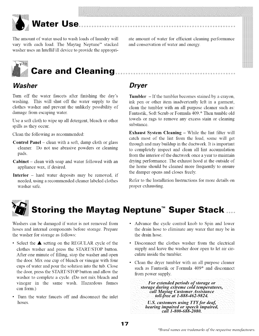 Maytag SL-3 warranty Care and Cleaning, Storing the Maytag Neptune TM Super Stack, Dryer, Washer, Water Use 