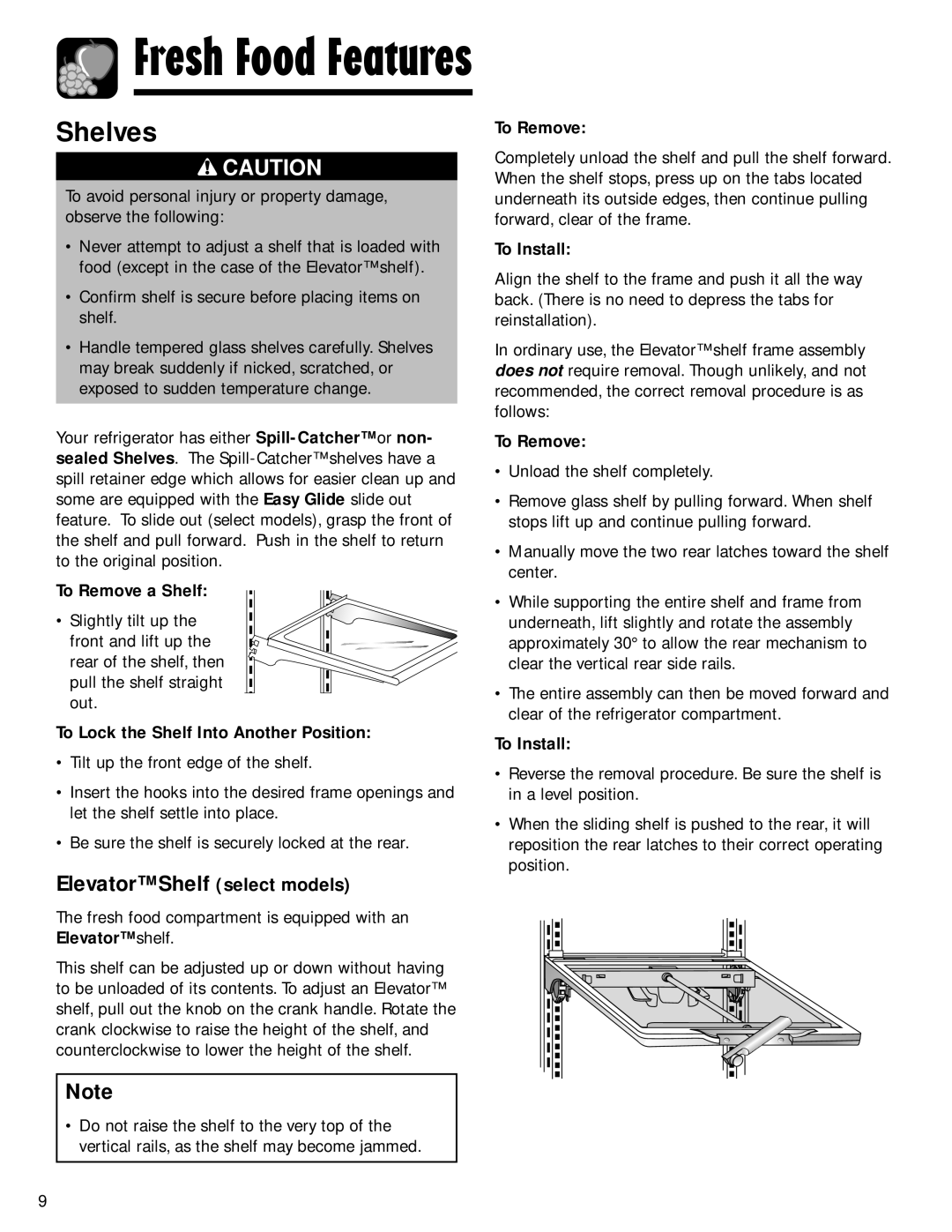 Maytag SOV026TB, G32026PExx important safety instructions Shelves, Elevator Shelf select models 