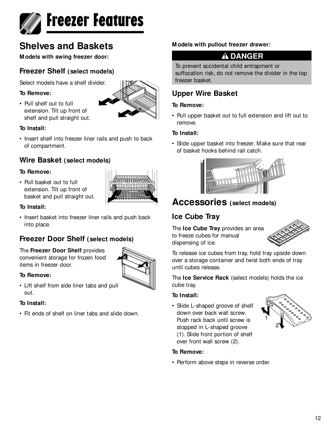 Maytag G32026PExx, SOV026TB Shelves and Baskets, Freezer Door Shelf select models, Upper Wire Basket, Ice Cube Tray 