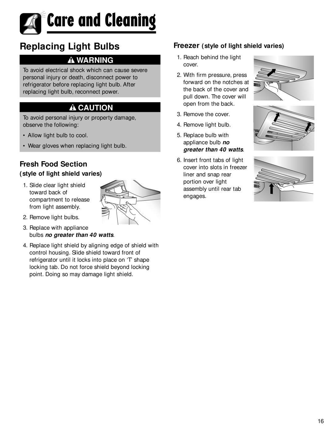 Maytag G32026PExx, SOV026TB important safety instructions Replacing Light Bulbs, Fresh Food Section 