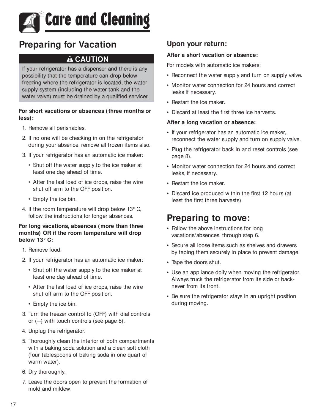 Maytag SOV026TB, G32026PExx important safety instructions Preparing for Vacation, Preparing to move, Upon your return 