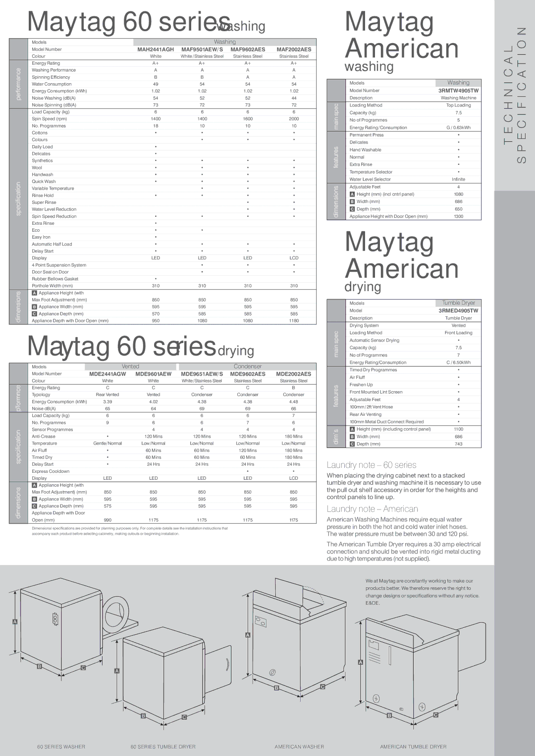 Maytag G32026PEKS, SOV628HZB Maytag 60 series washing, Maytag 60 series drying, Maytag American, Laundry note 60 series 