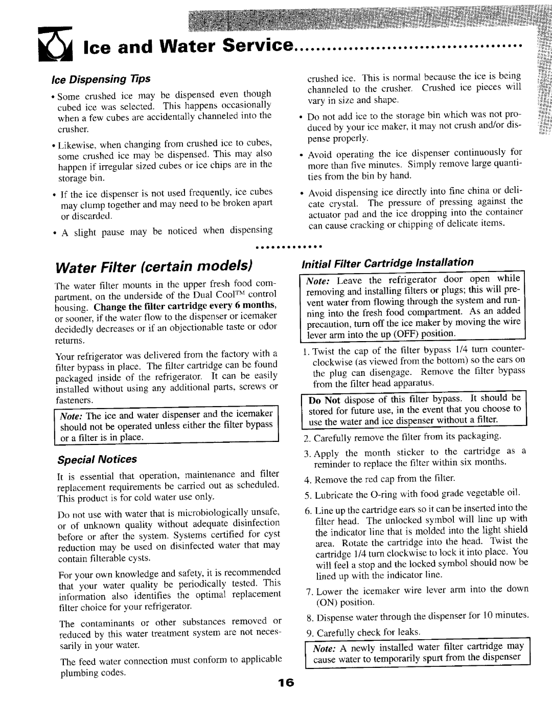 Maytag SS-2 Lce and Water Service, Water Filter certain models, InitialFilterCartridge Installation, Ice Dispensing tips 