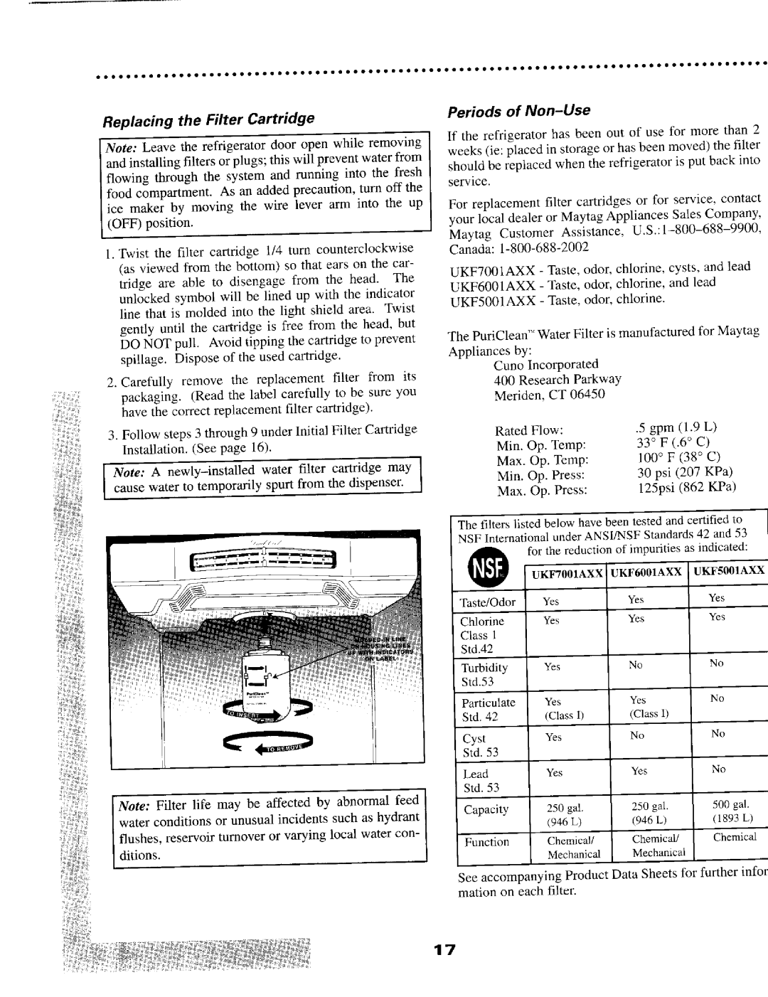 Maytag SS-2 warranty Replacing the Filter Cartridge Periods of Non -Use, UKF70 0 1AXX UKF6 0 0 1AXX U KFg 0 01AXX 