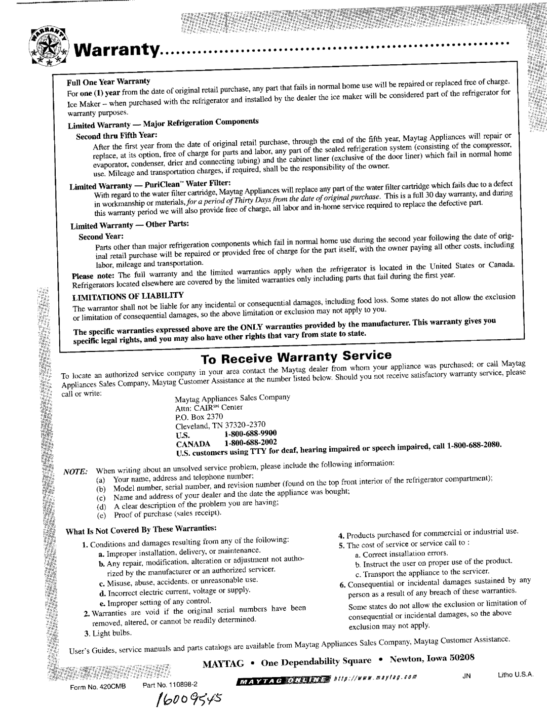 Maytag SS-2 warranty Warranty 