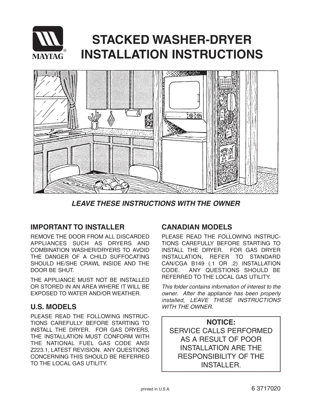 Maytag Stacked Washer/Dryer installation instructions Important to Installer, Canadian Models 