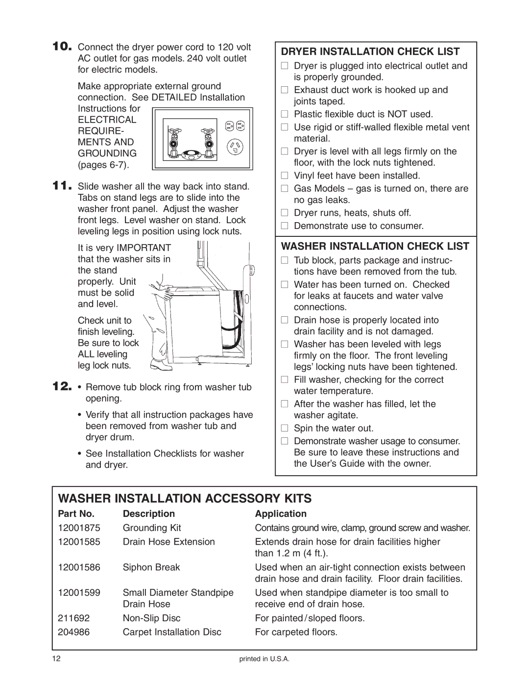 Maytag Stacked Washer/Dryer installation instructions Washer Installation Accessory Kits, Description Application 