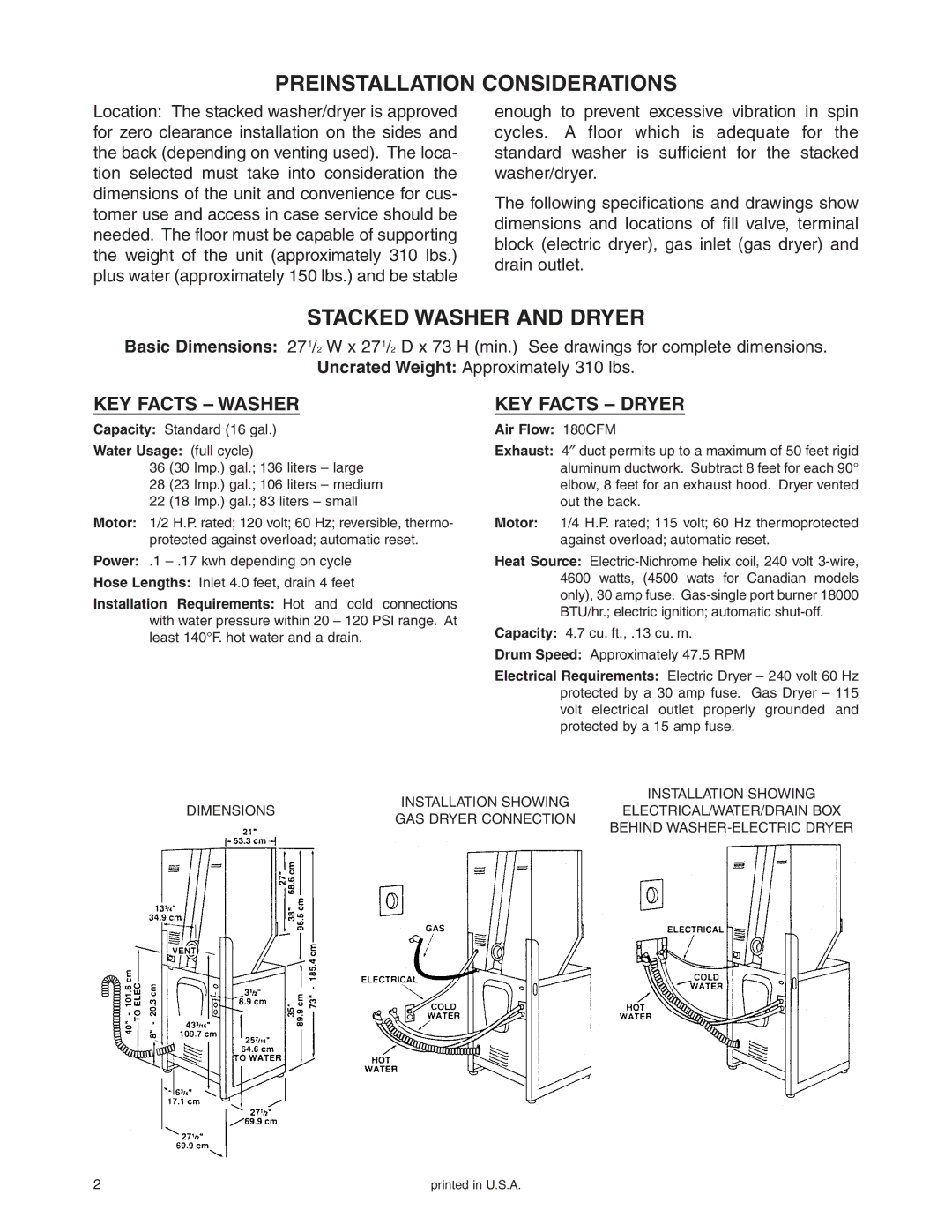 Maytag Stacked Washer/Dryer installation instructions Preinstallation Considerations, Stacked Washer and Dryer 