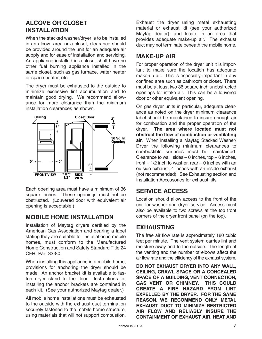 Maytag Stacked Washer/Dryer Alcove or Closet Installation, Mobile Home Installation, Make-Up Air, Service Access 