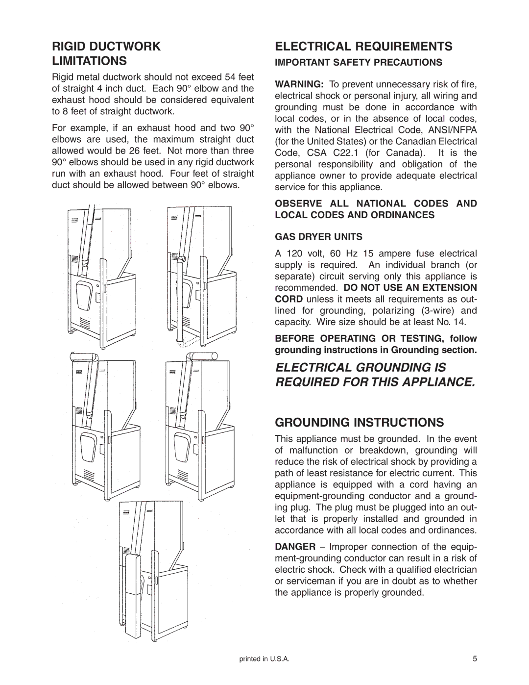 Maytag Stacked Washer/Dryer Rigid Ductwork Limitations, Electrical Requirements, Grounding Instructions 