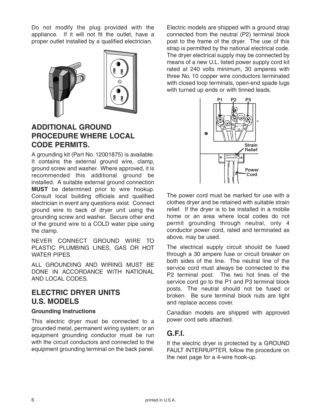 Maytag Stacked Washer/Dryer Additional Ground Procedure Where Local Code Permits, Electric Dryer Units Models 