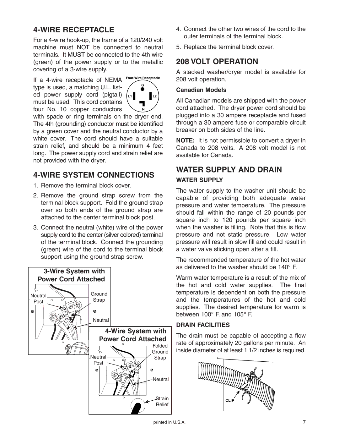 Maytag Stacked Washer/Dryer Wire Receptacle, Wire System Connections, Volt Operation, Water Supply and Drain 