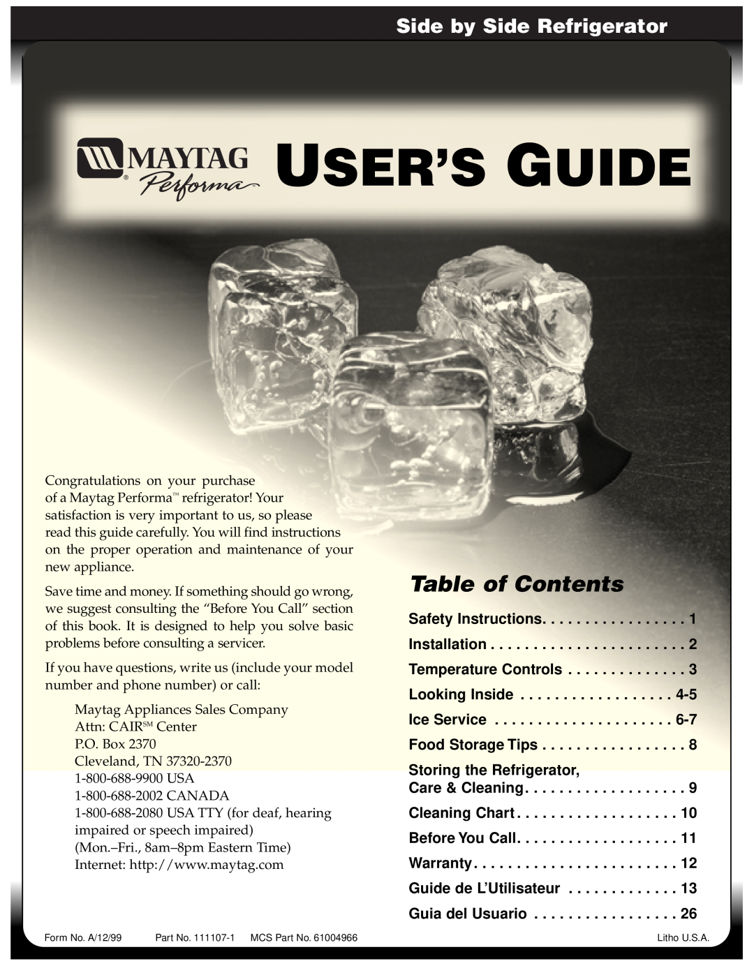 Maytag 61004966, SXS 111107-1 warranty User’S Guide, Table of Contents, Side by Side Refrigerator 