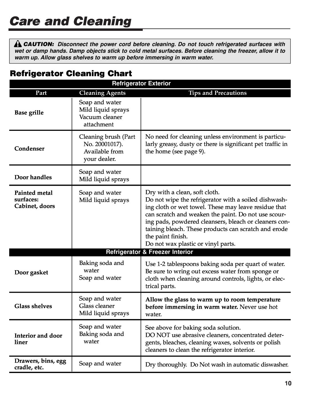 Maytag 61004966, SXS 111107-1 Refrigerator Cleaning Chart, Care and Cleaning, Refrigerator Exterior, Part, Cleaning Agents 