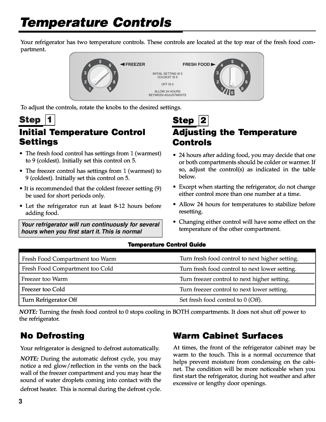 Maytag SXS 111107-1 Temperature Controls, Step Initial Temperature Control Settings, No Defrosting, Warm Cabinet Surfaces 