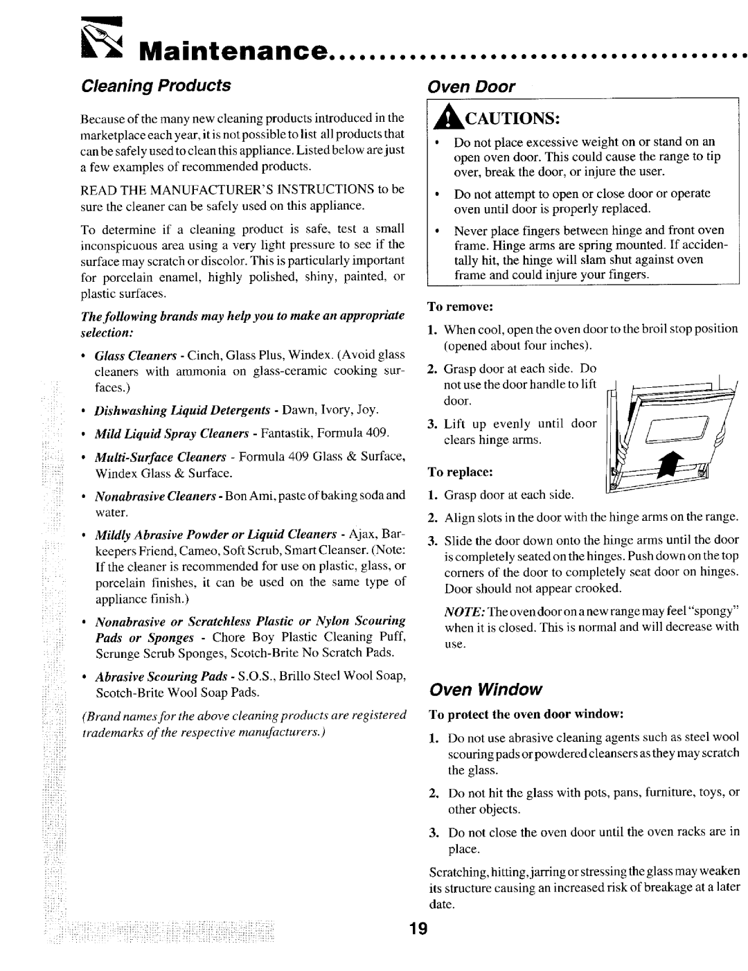 Maytag T1 manual Maintenance, Oven Window, To replace, To protect the oven door window 