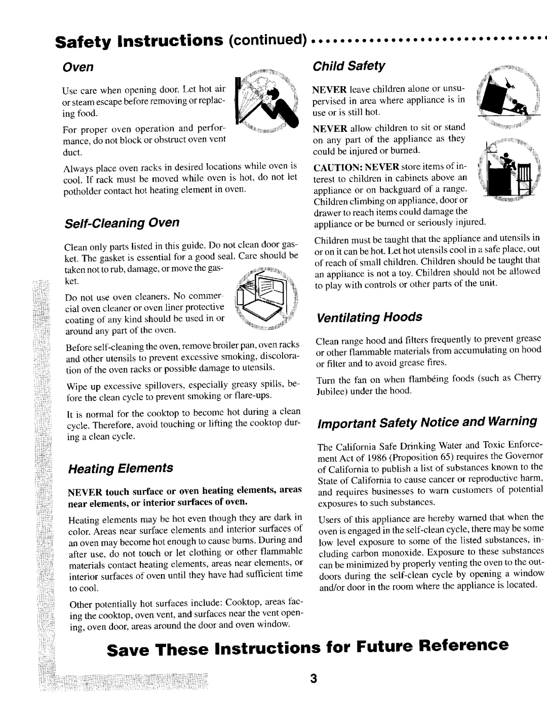 Maytag T1 manual Oven Child Safety, Heating Elements, Important Safety Notice and Warning, Ventilating Hoods 