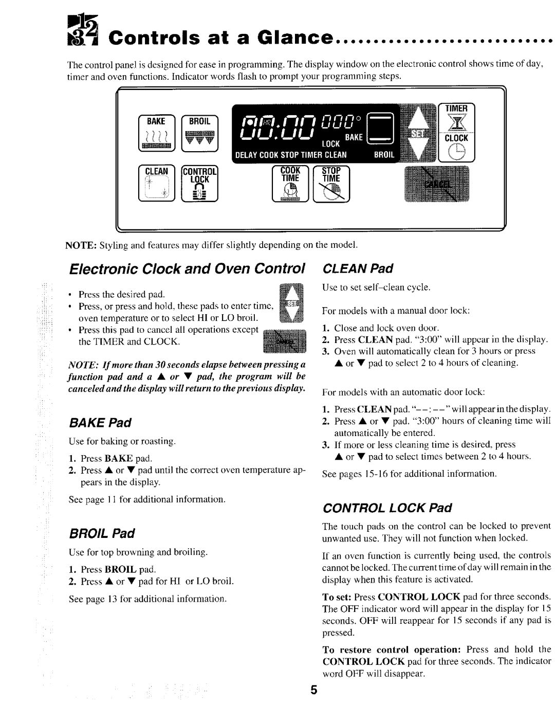 Maytag T1 1 i3Controls at a Glance, Electronic Clock and Oven Control CLEAN Pad, BROIL Pad, CONTROL LOCK Pad, BAKE Pad 