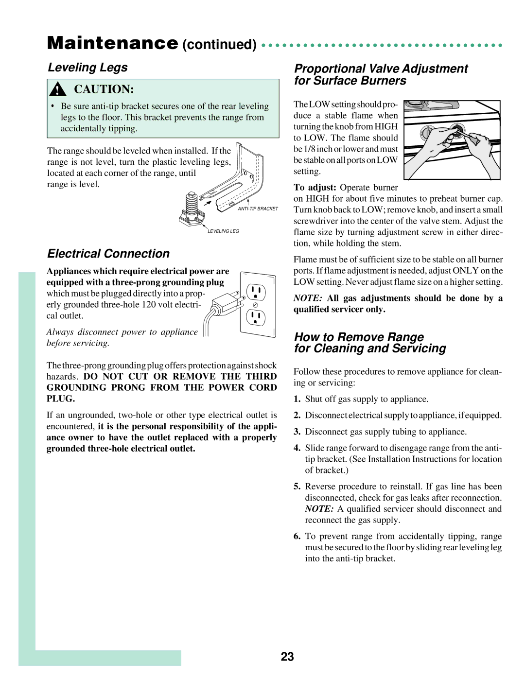 Maytag T2 warranty Leveling Legs, Electrical Connection, How to Remove Range For Cleaning and Servicing 