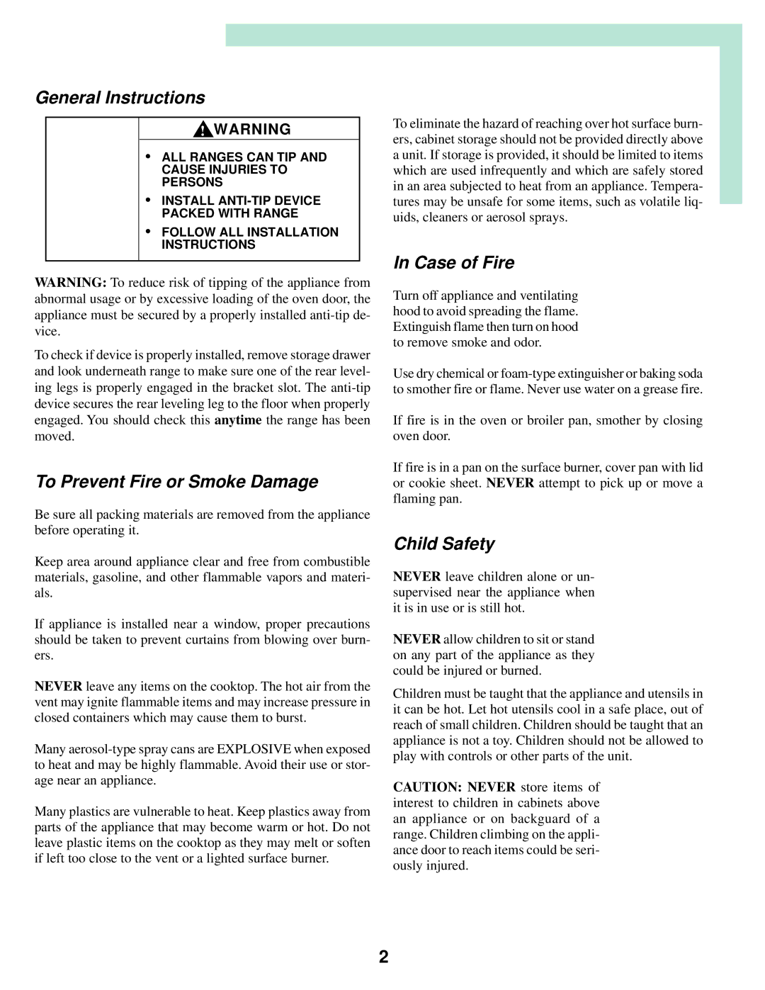 Maytag T2 warranty General Instructions, To Prevent Fire or Smoke Damage, Case of Fire, Child Safety 