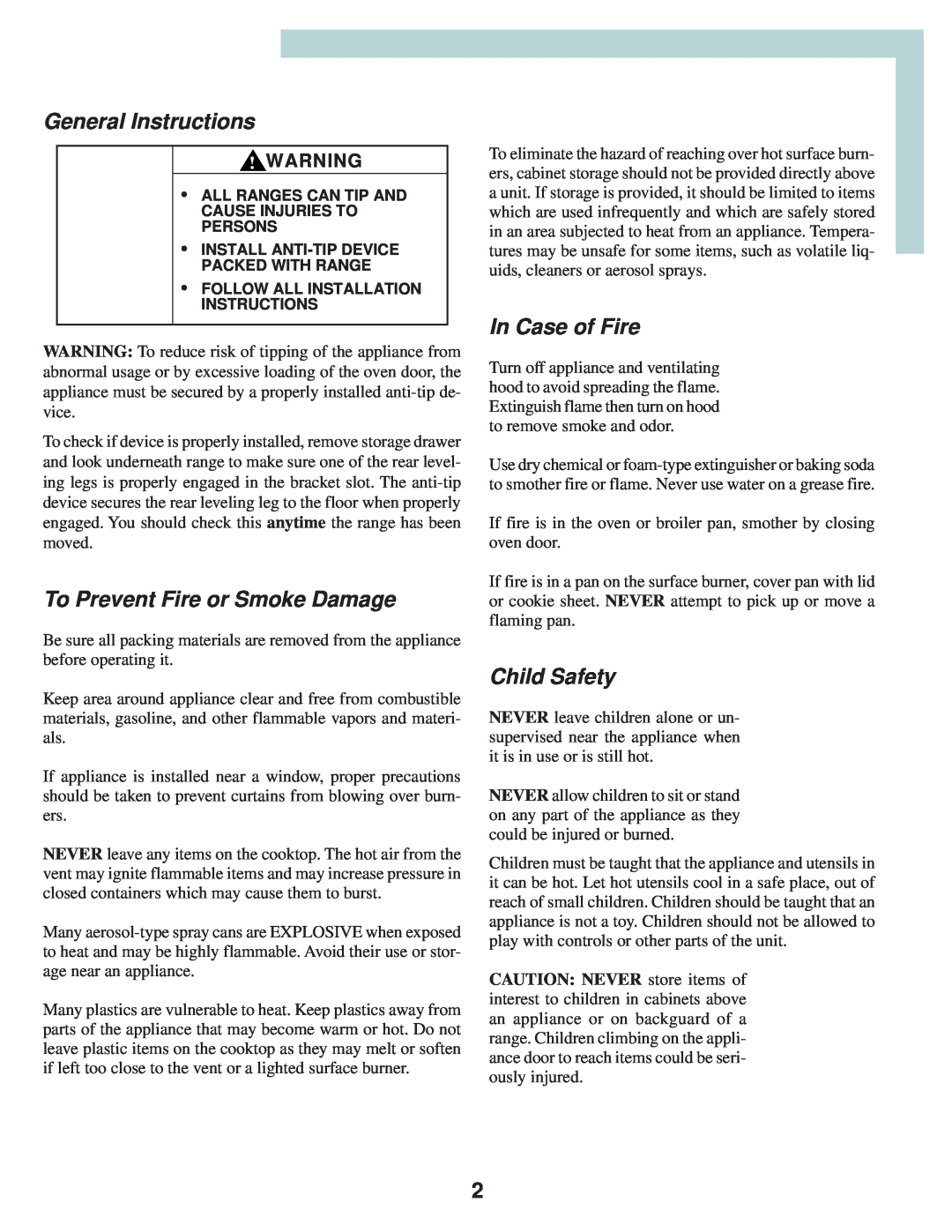 Maytag T2 warranty General Instructions, To Prevent Fire or Smoke Damage, In Case of Fire, Child Safety 