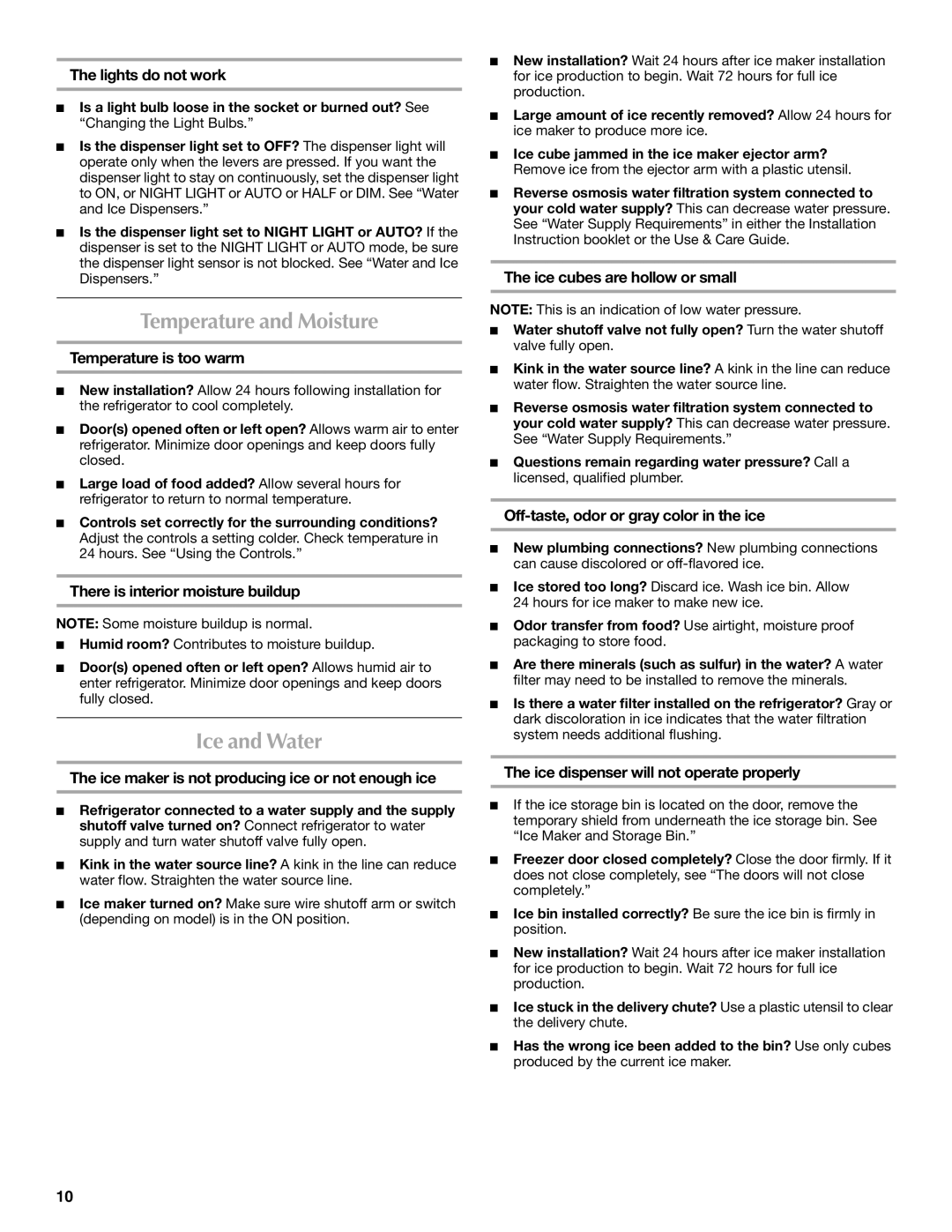 Maytag T1WG2L, T2RFWG2 installation instructions Temperature and Moisture, Ice and Water 