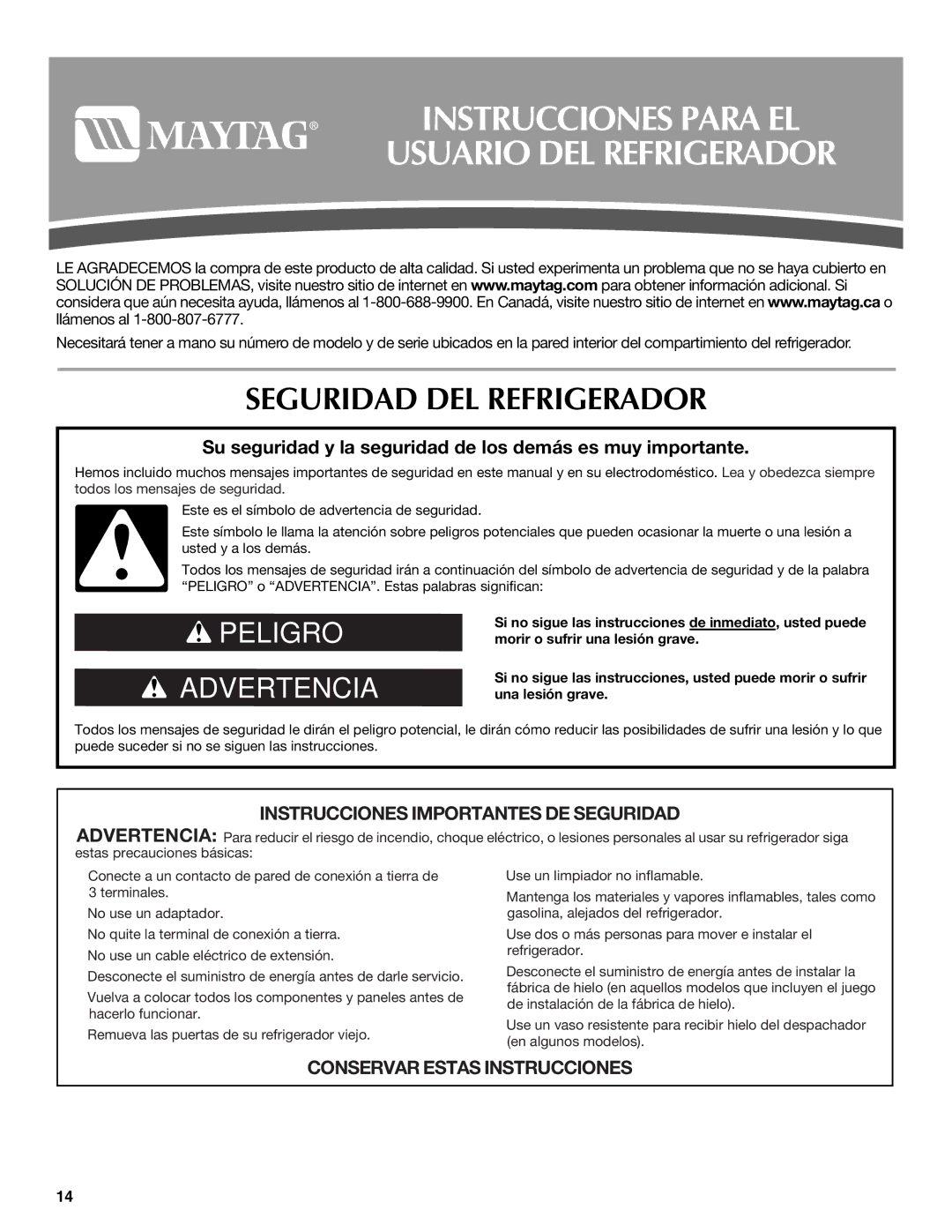 Maytag T2RFWG2, T1WG2L Instrucciones Para EL Usuario DEL Refrigerador, Seguridad DEL Refrigerador 