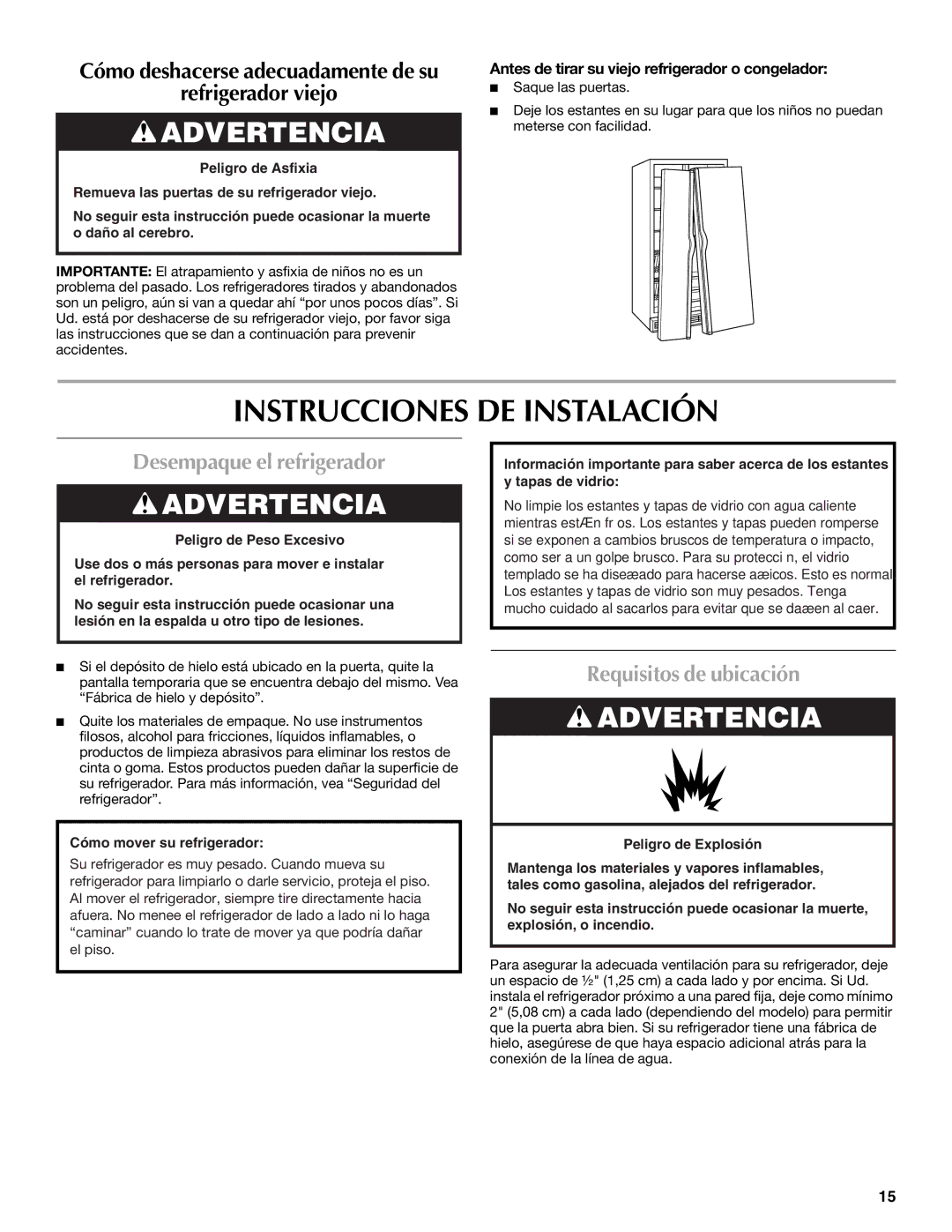 Maytag T2RFWG2, T1WG2L Instrucciones DE Instalación, Desempaque el refrigerador, Requisitos de ubicación 