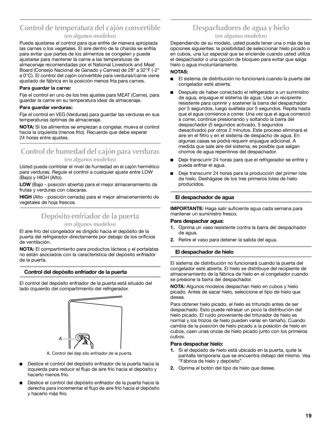 Maytag T1WG2L, T2RFWG2 installation instructions Depósito enfriador de la puerta, Despachadores de agua y hielo 