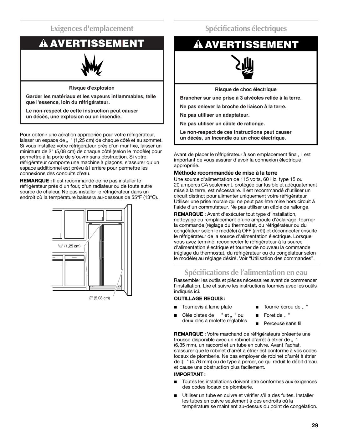 Maytag T1WG2 Exigences demplacement, Spécifications électriques, Spécifications de l’alimentation en eau, Outillage Requis 