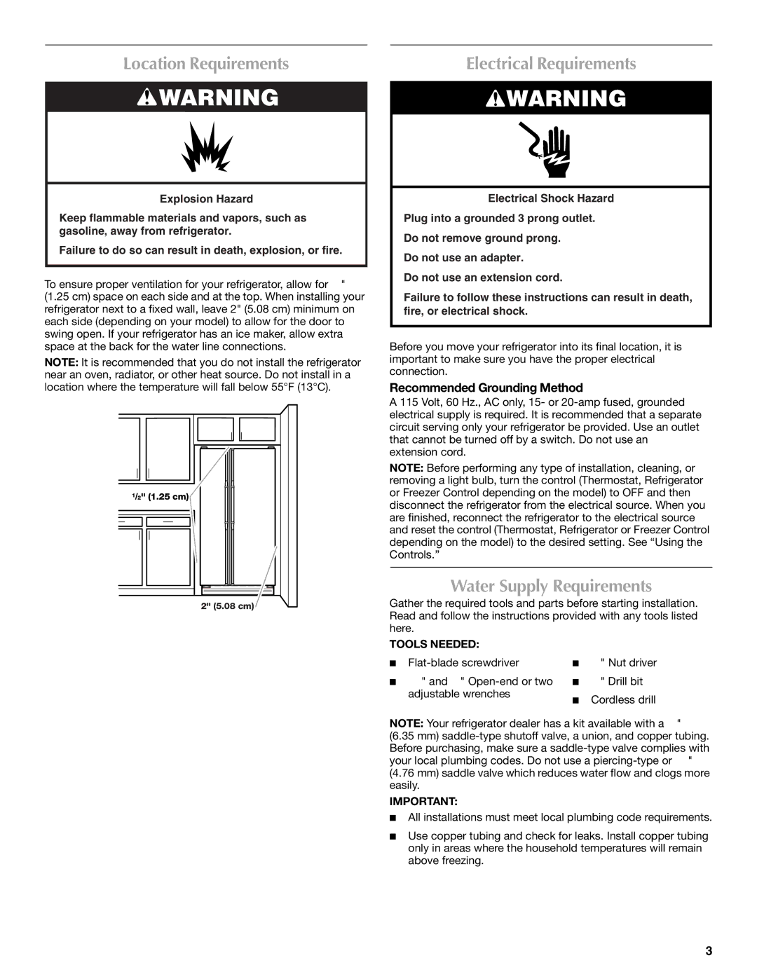 Maytag T2RFWG2 Location Requirements, Electrical Requirements, Water Supply Requirements, Recommended Grounding Method 