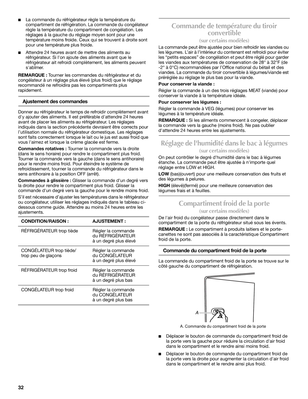 Maytag T1WG2 Commande de température du tiroir Convertible, Compartiment froid de la porte, Ajustement des commandes 