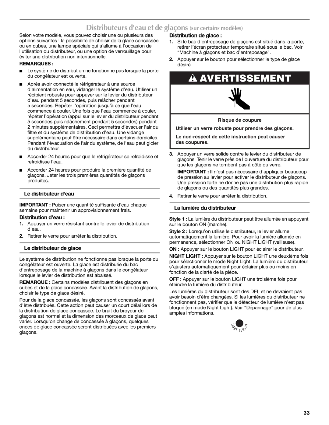 Maytag T2RFWG2, T1WG2L installation instructions Distributeurs deau et de glaçons sur certains modèles 