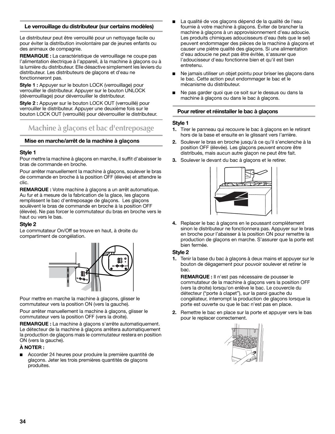 Maytag T1WG2L Le verrouillage du distributeur sur certains modèles, Mise en marche/arrêt de la machine à glaçons Style 