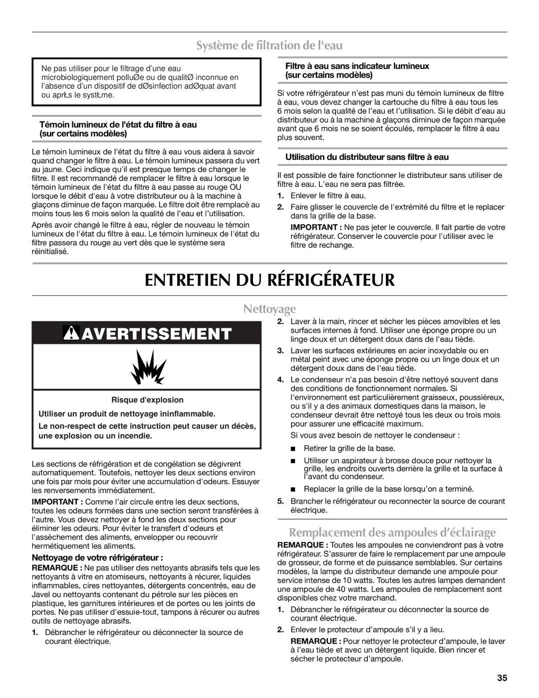 Maytag T1WG2 Entretien DU Réfrigérateur, Système de filtration de leau, Nettoyage, Remplacement des ampoules d’éclairage 