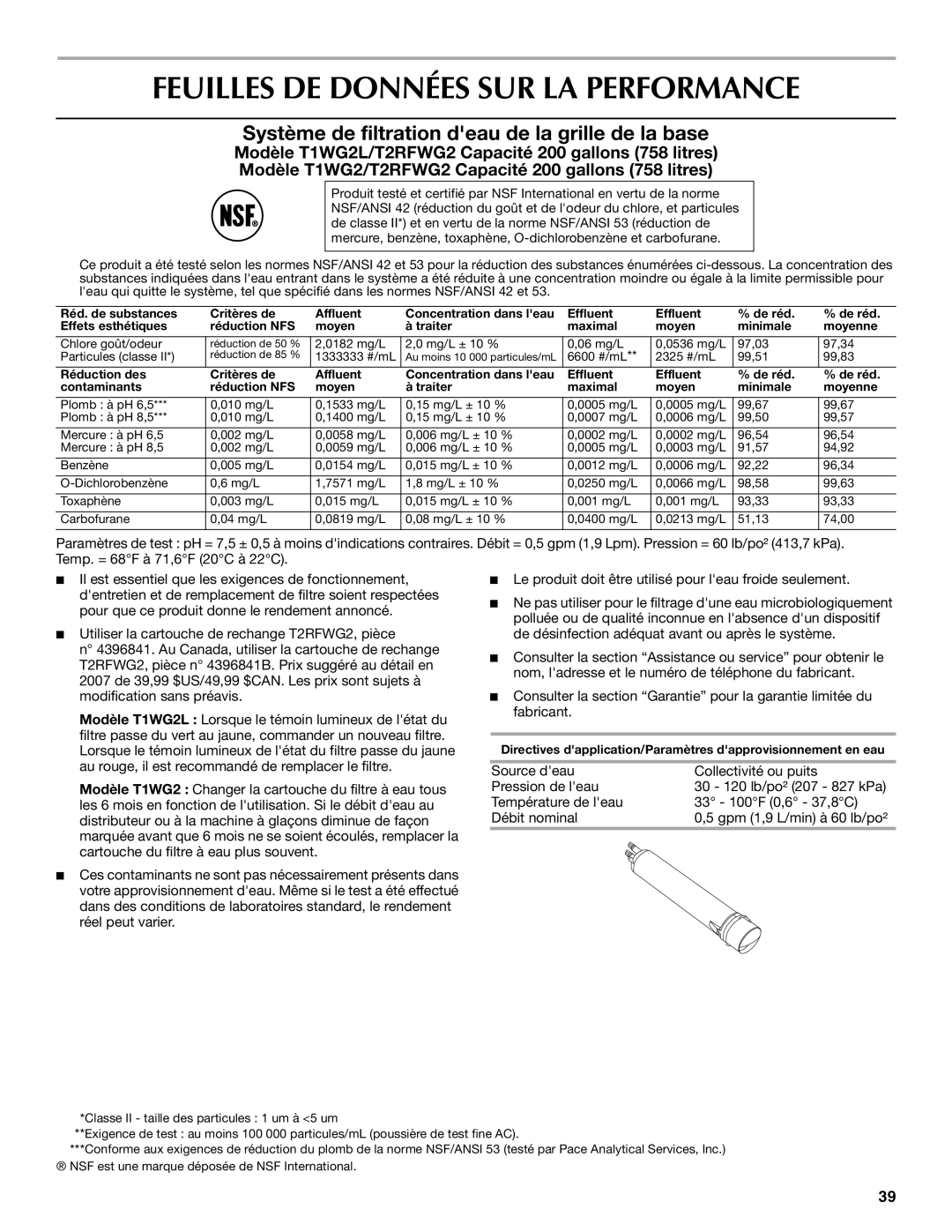 Maytag T2RFWG2, T1WG2L Feuilles DE Données SUR LA Performance, Système de filtration deau de la grille de la base 