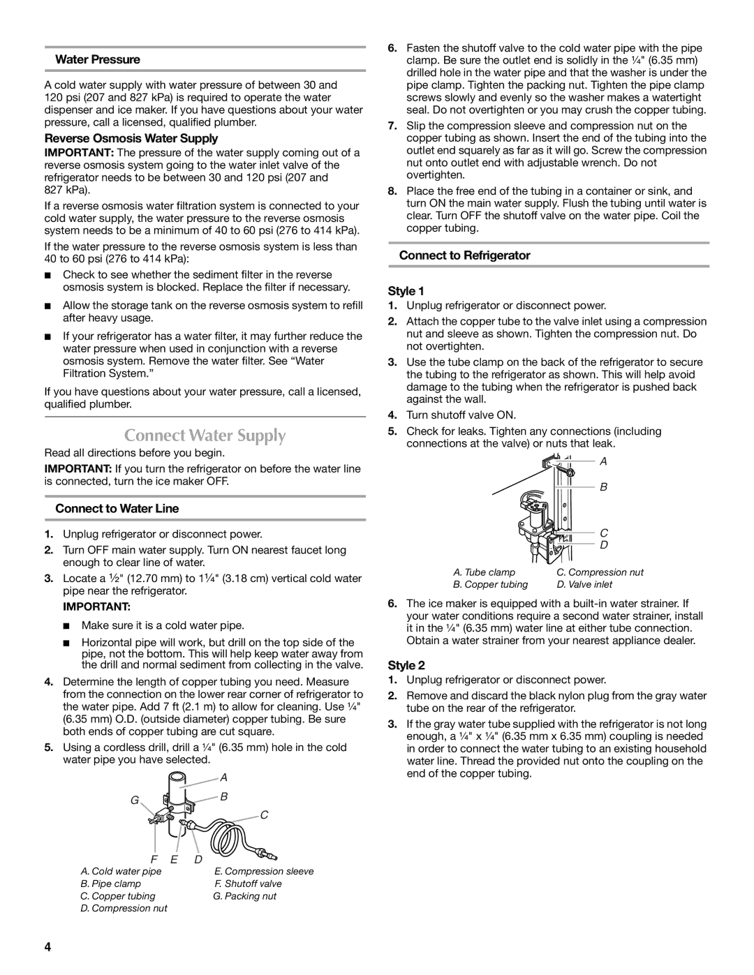 Maytag T1WG2L, T2RFWG2 Connect Water Supply, Water Pressure, Reverse Osmosis Water Supply, Connect to Water Line 