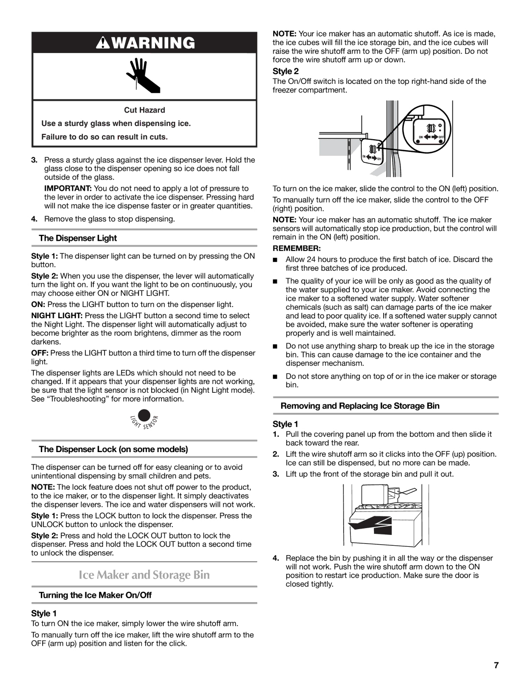 Maytag T1WG2L, T2RFWG2 installation instructions Ice Maker and Storage Bin, Dispenser Light, Dispenser Lock on some models 