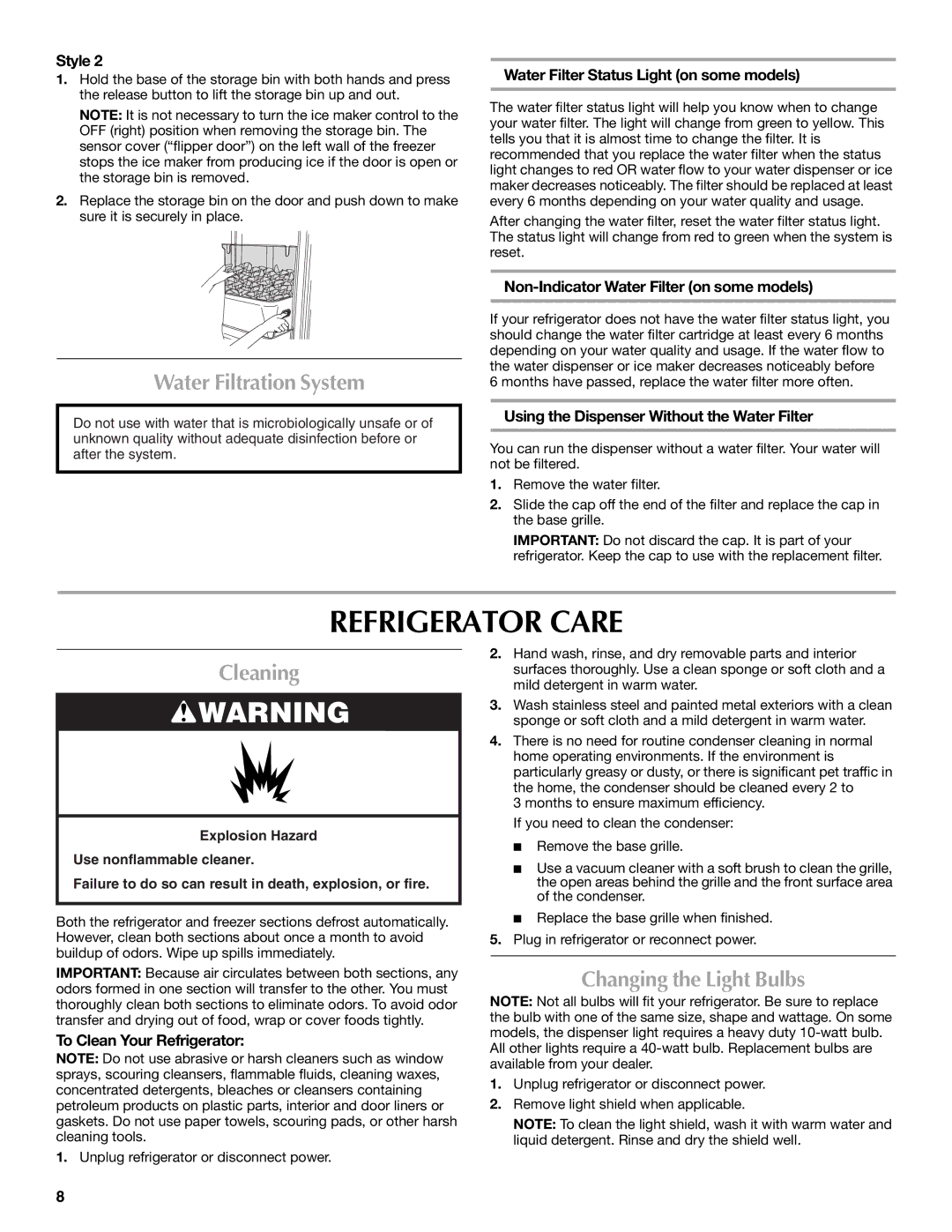 Maytag T2RFWG2, T1WG2L Refrigerator Care, Water Filtration System, Cleaning, Changing the Light Bulbs 