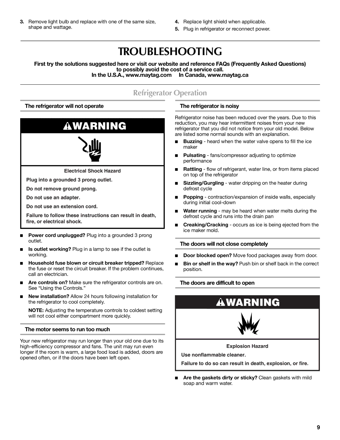 Maytag T2RFWG2, T1WG2L installation instructions Troubleshooting, Refrigerator Operation 